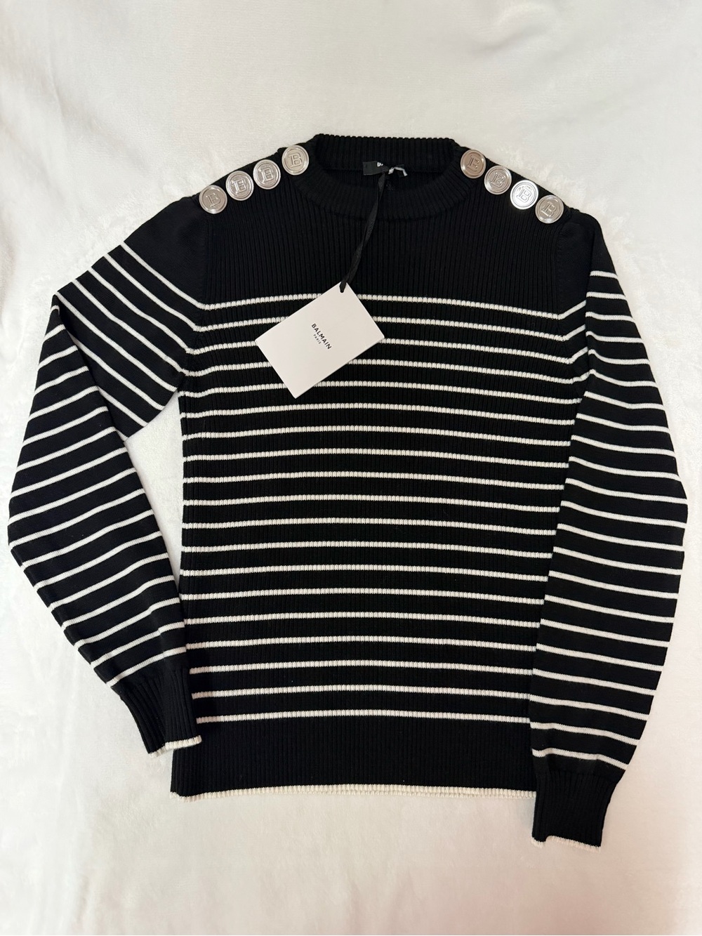 Balmain Black & White Striped Crewneck Sweater with Signature Shoulder Buttons